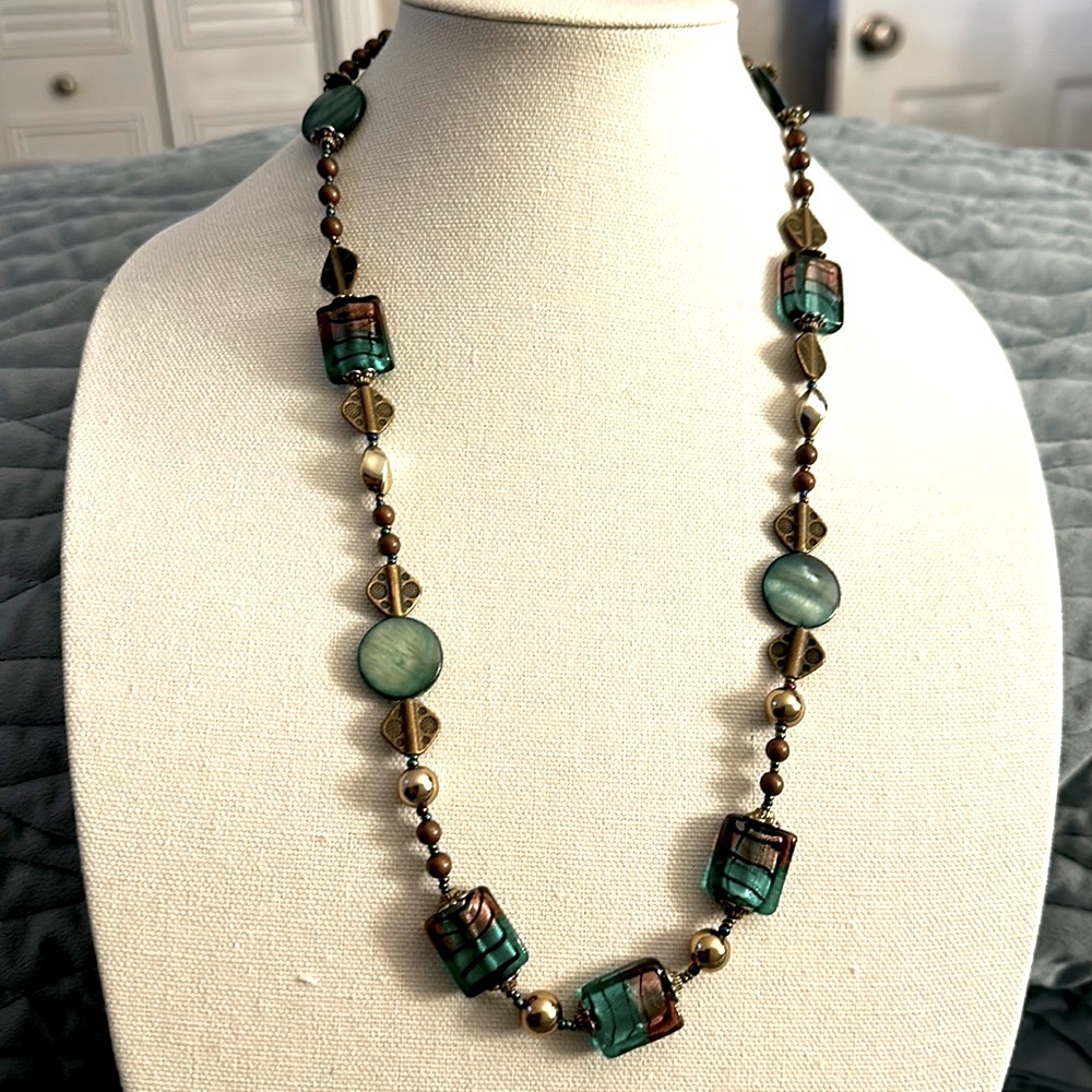 Women Beautiful bronze, glass blue green purple square beads 14 inch